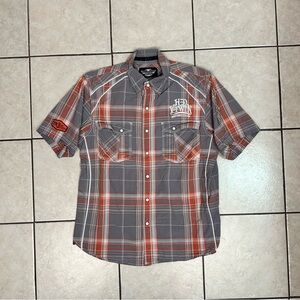 Men’s Harley Davidson Motorcycles Button Down Orange Plaid Shirt Size Large